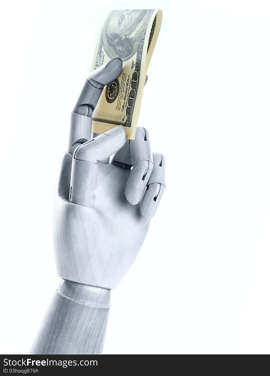 A steel hand with dollars. Isolated on a white background