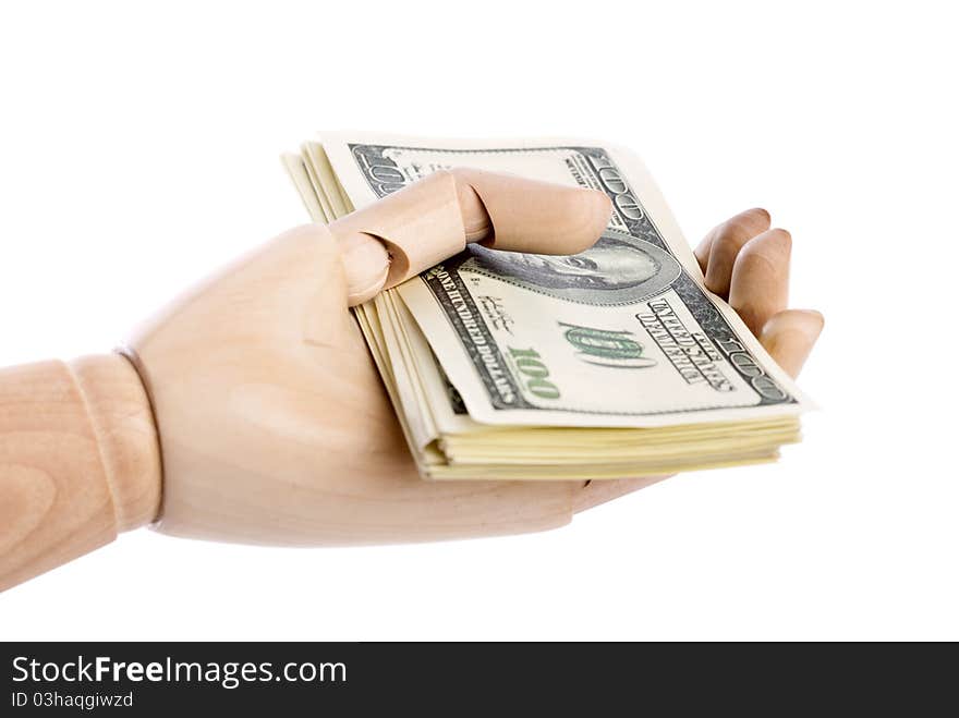 A Wooden Hand With Dollars