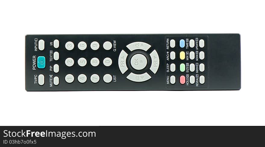 Blue power button sign on remote control TV close up