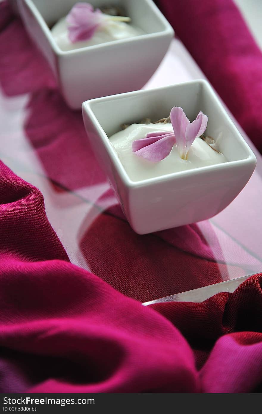 Natural yogurt with muesli in small square bowls