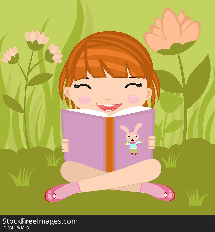 A  illustration of a little girl reading an interesting book