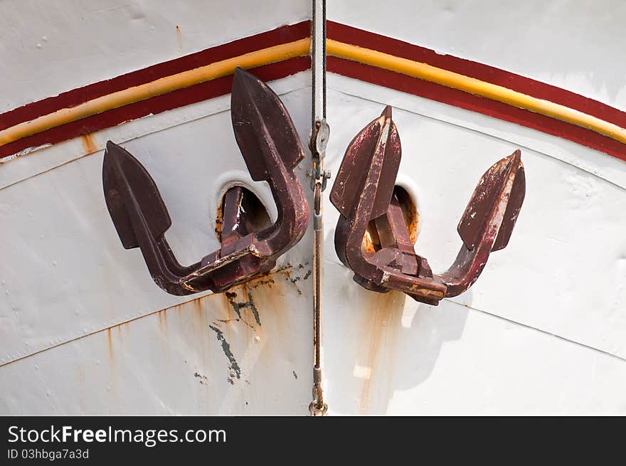 Closeup of the nose of the vessel with anchors