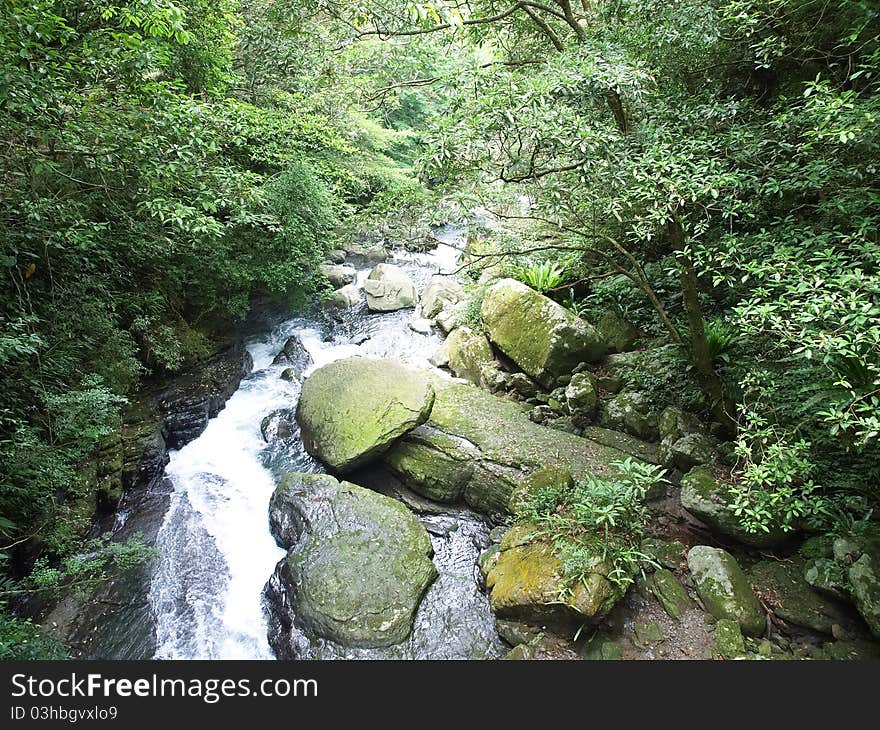 A river scene with rocks