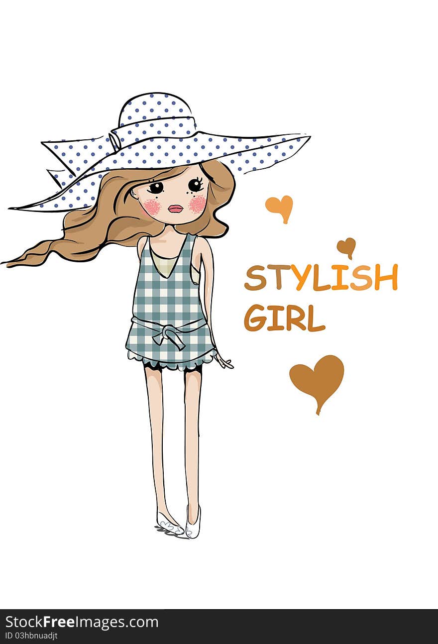 Illustration sketch girl with hat. Illustration sketch girl with hat