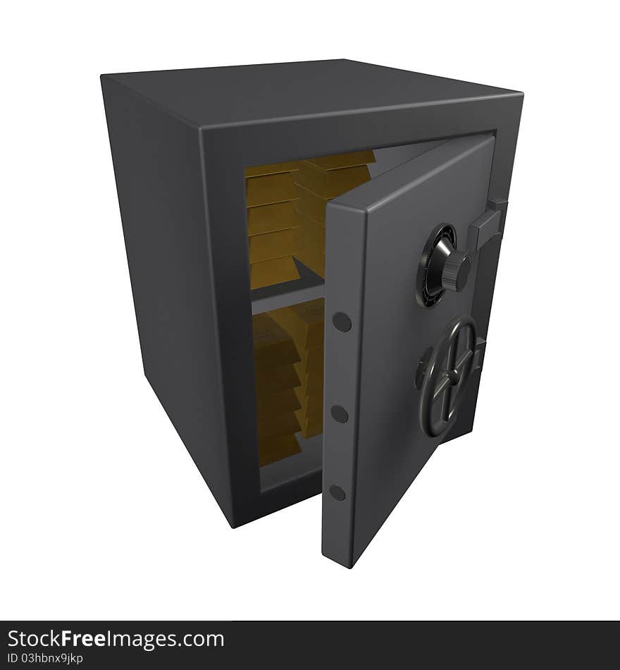 3d Metal safe with gold bullion