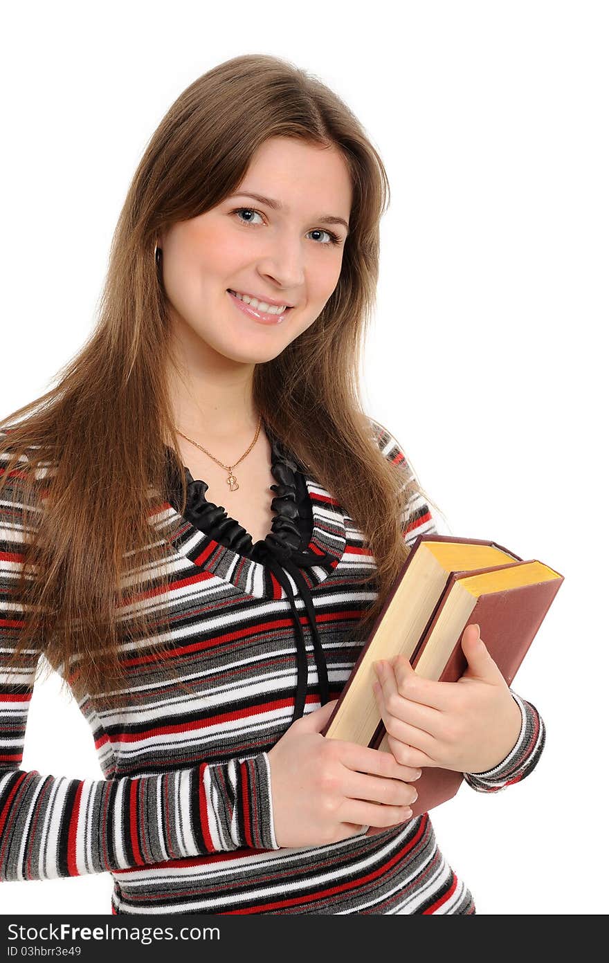 Student girl with books on white background