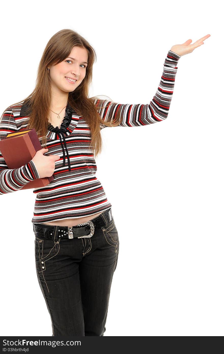 Woman holding hand presenting a product. On a white background