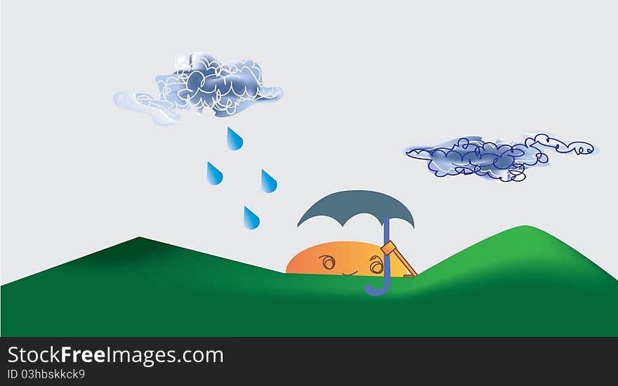 Illustration of sun holding an umbrella on a rainy day. Illustration of sun holding an umbrella on a rainy day