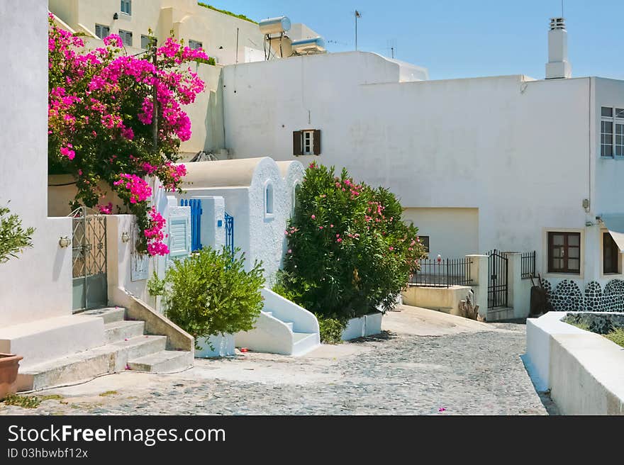 Colorful old street in Fira, Santorini