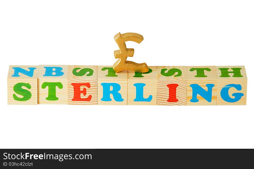 Alphabet wood blocks forming the word sterling isolated on a white background. Alphabet wood blocks forming the word sterling isolated on a white background