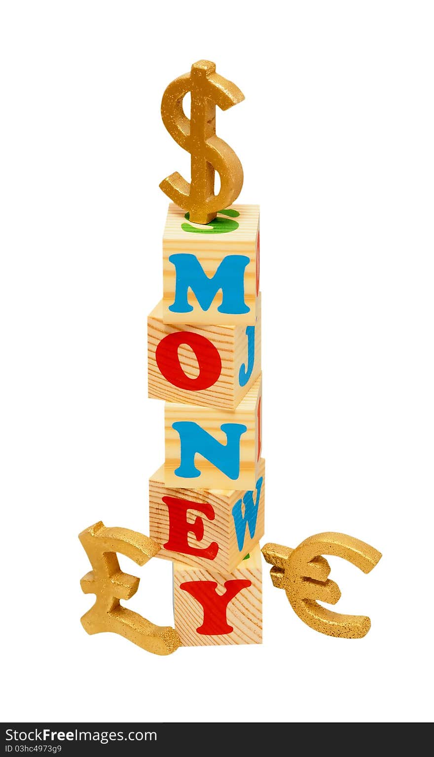 Alphabet wood blocks forming the word Money isolated on a white background. Alphabet wood blocks forming the word Money isolated on a white background