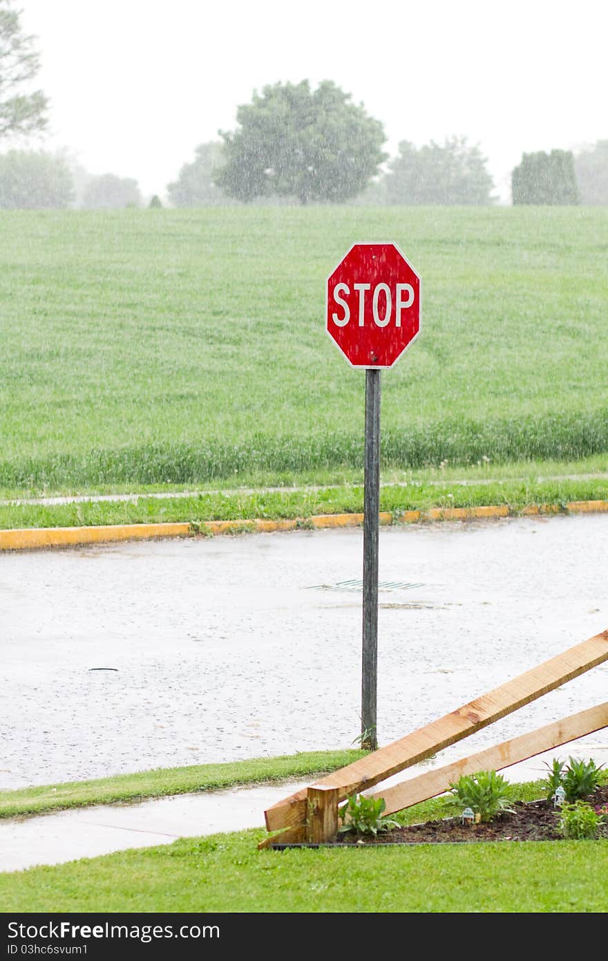 A stop sign on a rainy day. A stop sign on a rainy day