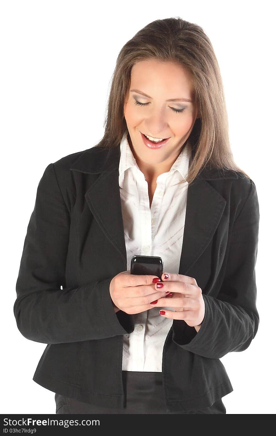 The business girl reads from a mobile phone of a sms with good news. The business girl reads from a mobile phone of a sms with good news