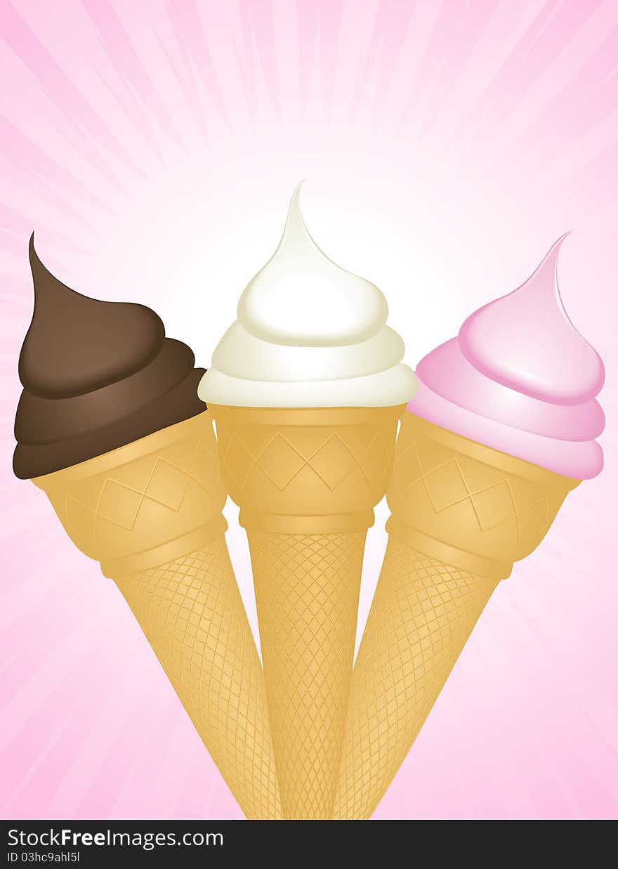 Ice cream cones filled with vanilla, chocolate and strawberry ice cream on a pink background. Ice cream cones filled with vanilla, chocolate and strawberry ice cream on a pink background