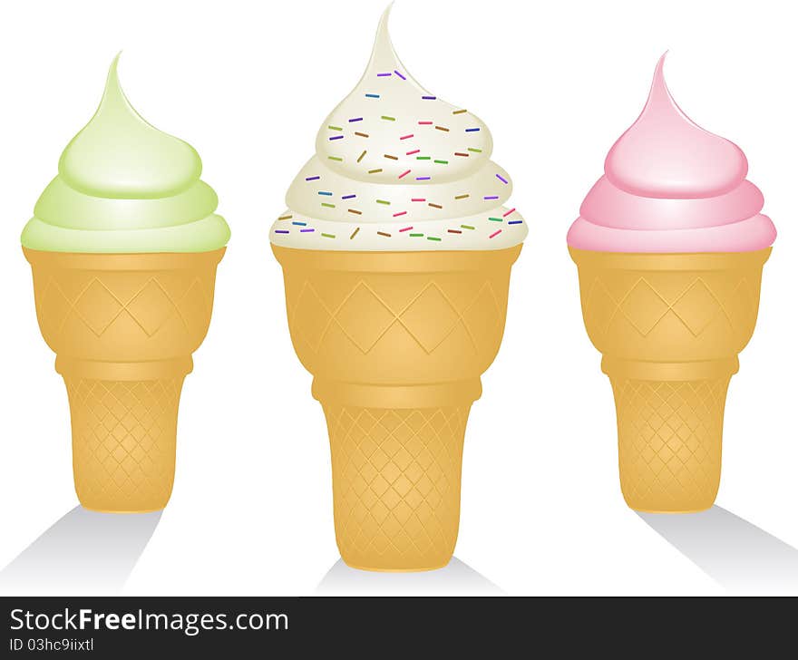 Ice cream cones with vanilla, mint and strawbery ice cream. Ice cream cones with vanilla, mint and strawbery ice cream