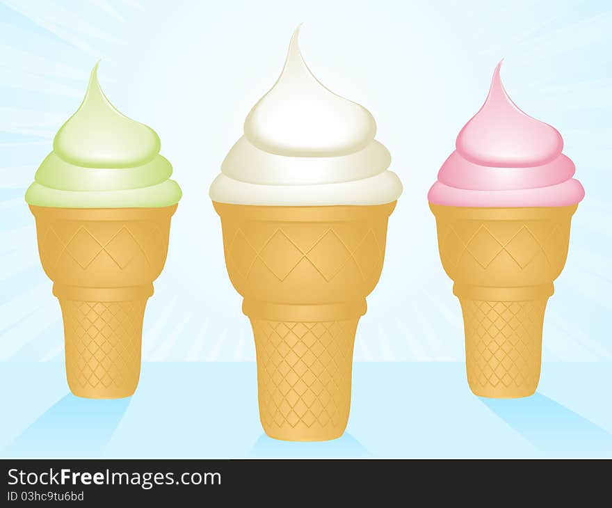 Vanilla, mint and strawberry ice creams on a blue background