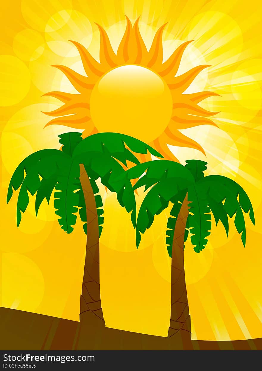 Palm trees with summer sun and glowing sky. Palm trees with summer sun and glowing sky