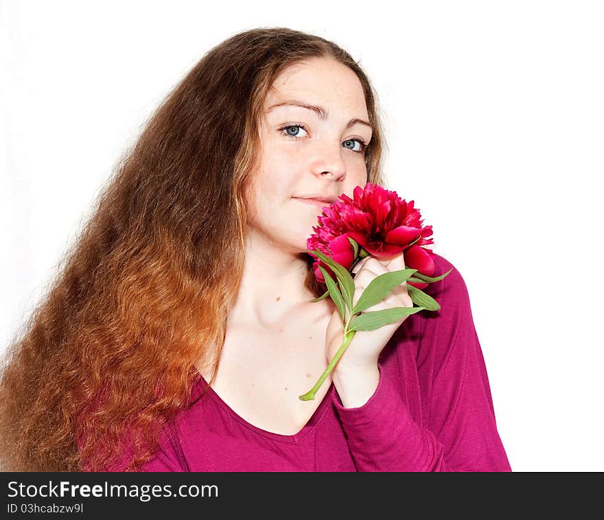 Beautiful girl with a pion in the hands isolated on white background. Beautiful girl with a pion in the hands isolated on white background