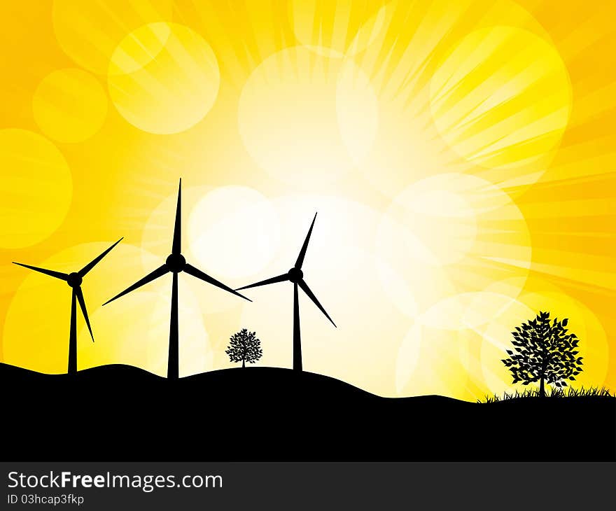 Silhouette wind turbines and trees on a mountain against a glowing yellow sky. Silhouette wind turbines and trees on a mountain against a glowing yellow sky