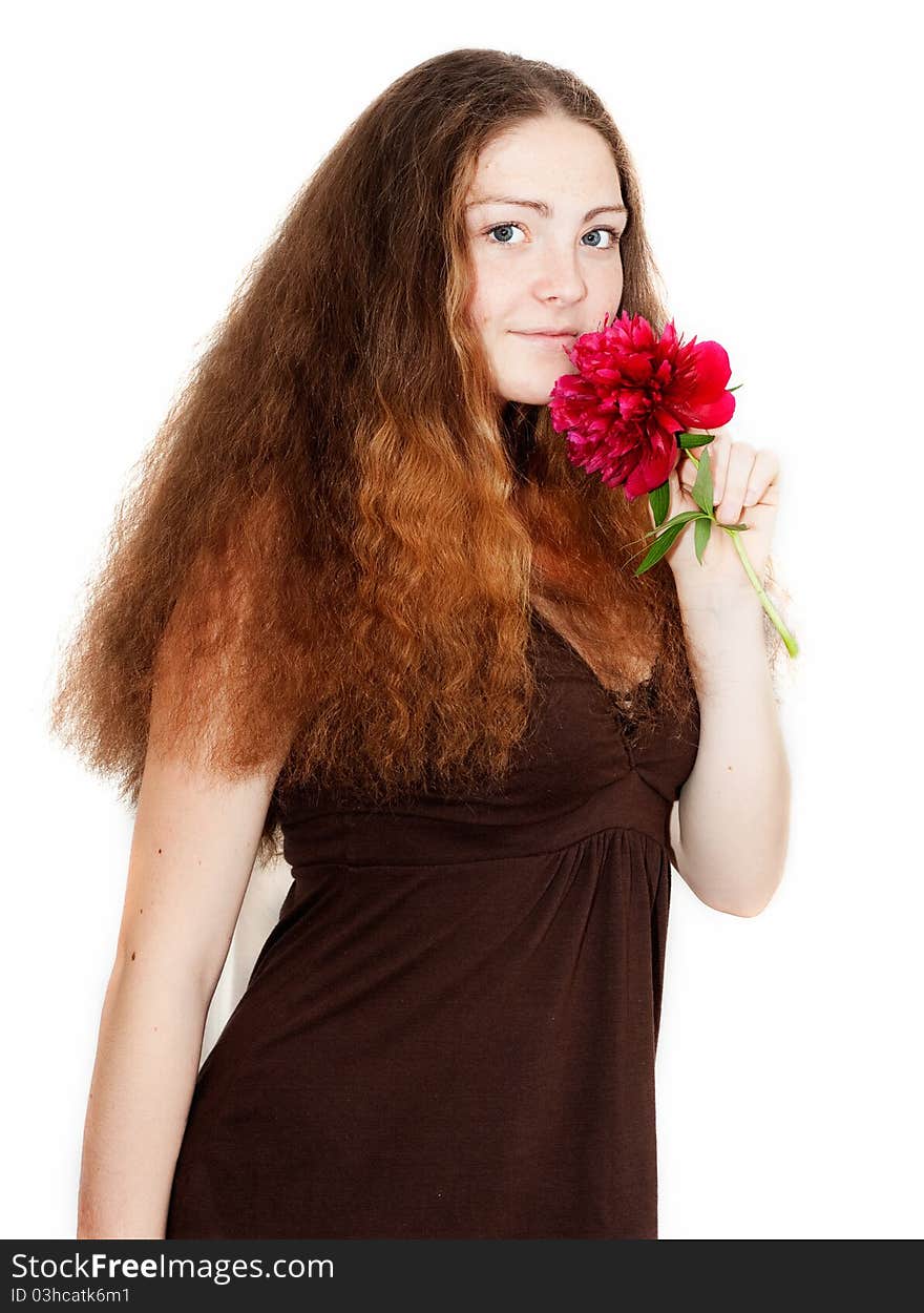 Beautiful girl with a pion in the hands isolated on white background. Beautiful girl with a pion in the hands isolated on white background