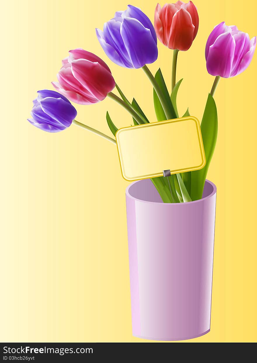 Tulips in a pink vase with gift card