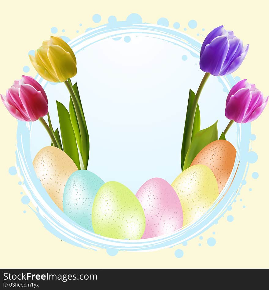 Speckled easter eggs and tulips inside a blue border