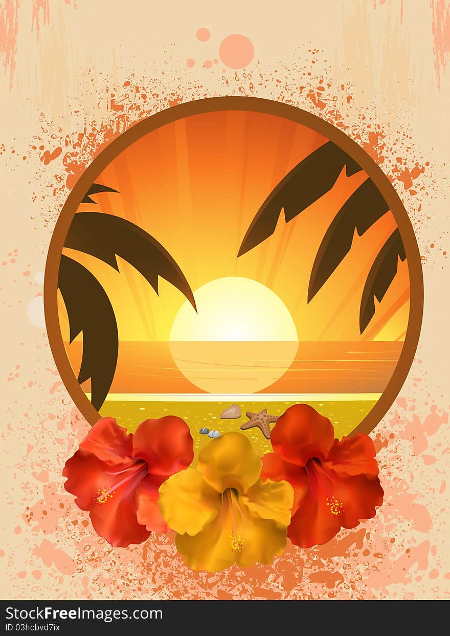 Hibiscus flowers on a border with tropical beach scene on a grunge background. Hibiscus flowers on a border with tropical beach scene on a grunge background