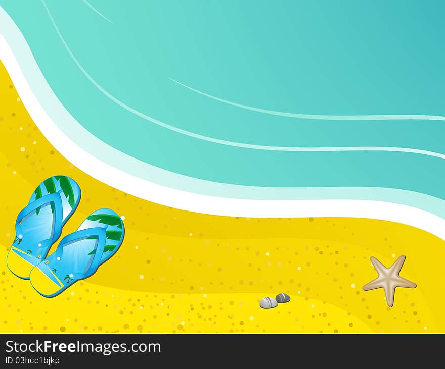 Flipflops on a beach with star fish and pebbles. Flipflops on a beach with star fish and pebbles