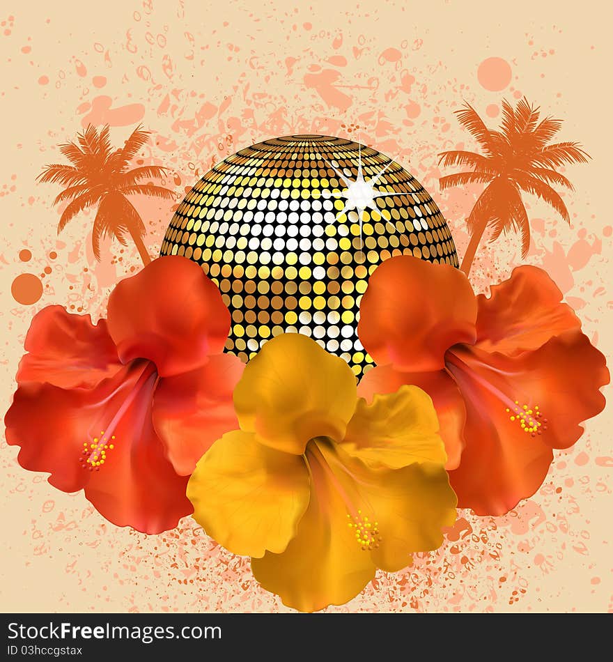 Sparkling gold disco ball with detailed hibiscus flowers, plam trees and grunge. Sparkling gold disco ball with detailed hibiscus flowers, plam trees and grunge