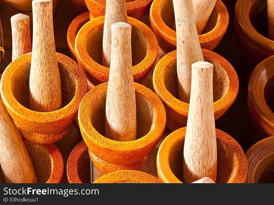 Wooden mortar and pestle in market