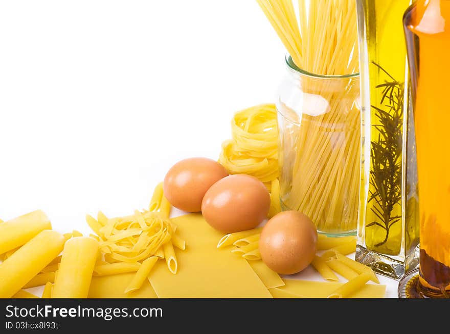 Pasta ingredients on the white