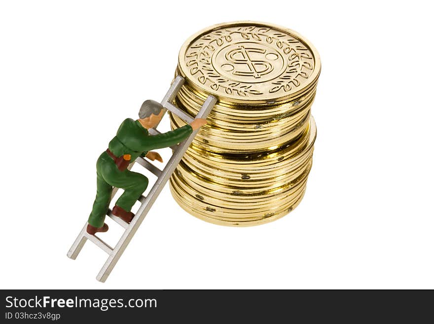 Toy man climbing a stack of golden coins on a white background. Toy man climbing a stack of golden coins on a white background.