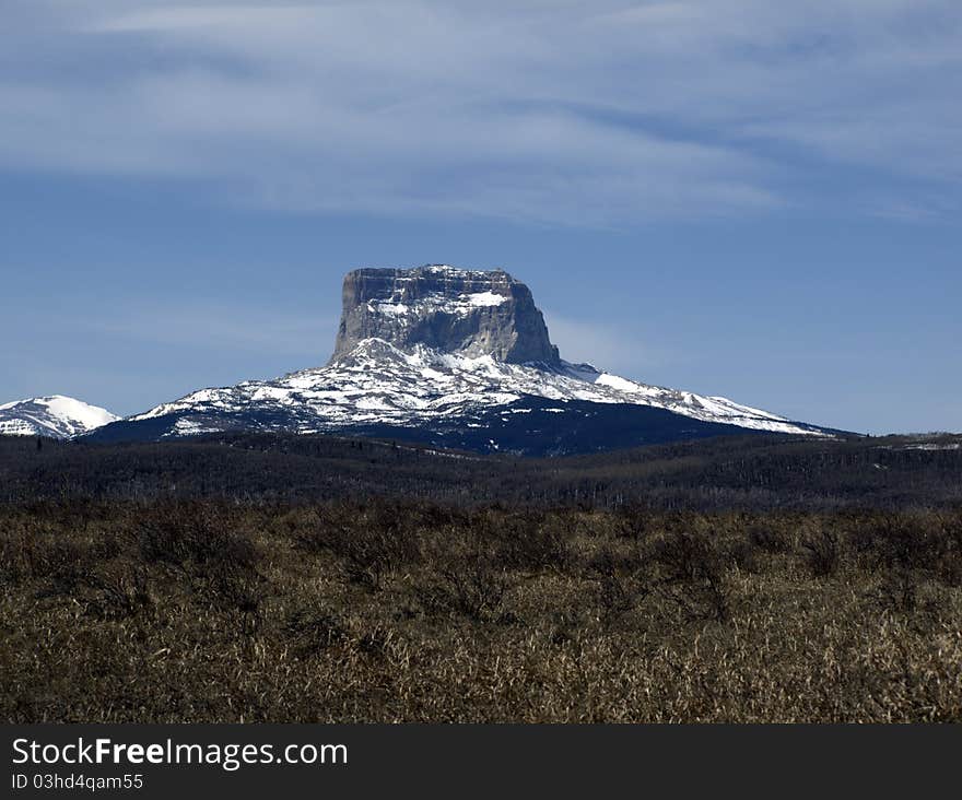 Chief Mountain with brush in foreground. Taken at Police Outpost Lake, on the US and Canadian border.