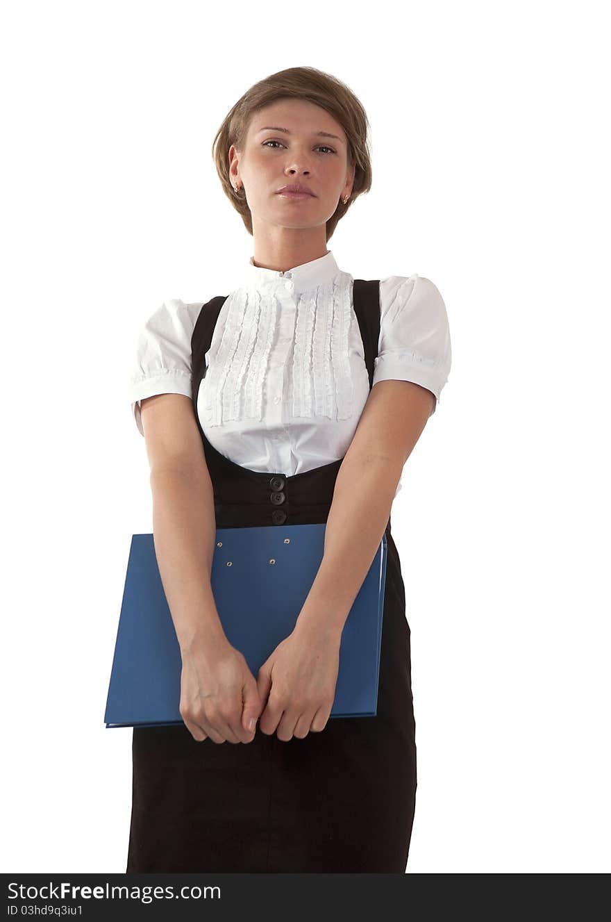 Portrait of the girl of the secretary with a folder for papers on a white background. Portrait of the girl of the secretary with a folder for papers on a white background