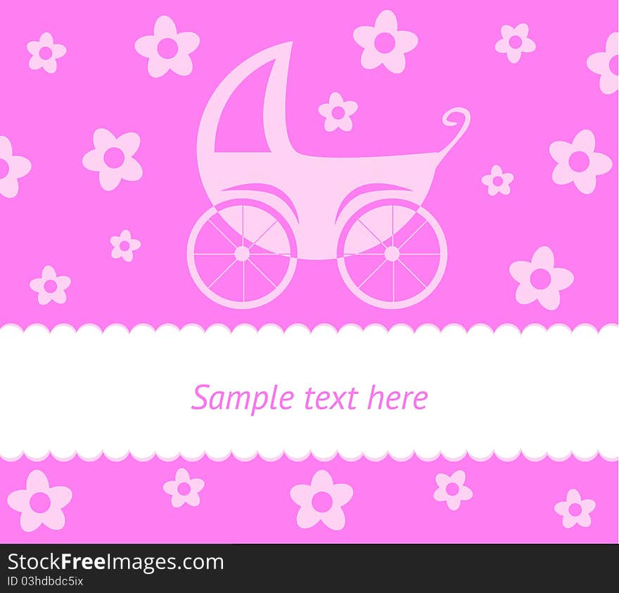 Baby card with stroller and flowers and place for text