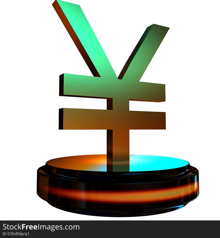 Golden yen sign on wooden stand