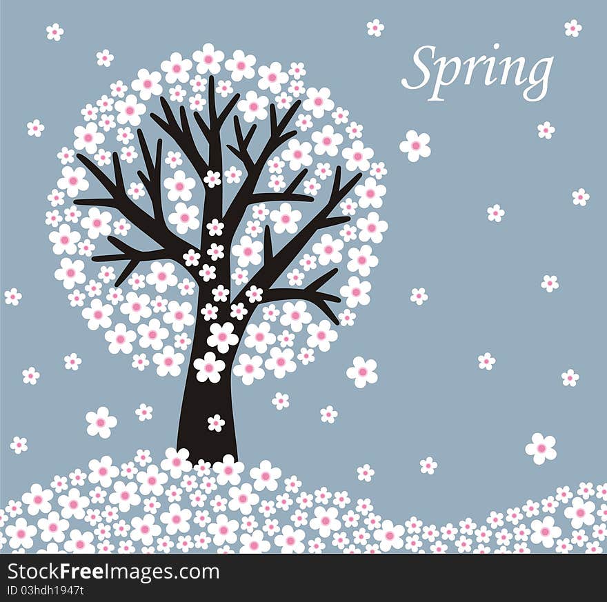 Stylized flowering tree on gray-blue background with space for your text. Stylized flowering tree on gray-blue background with space for your text