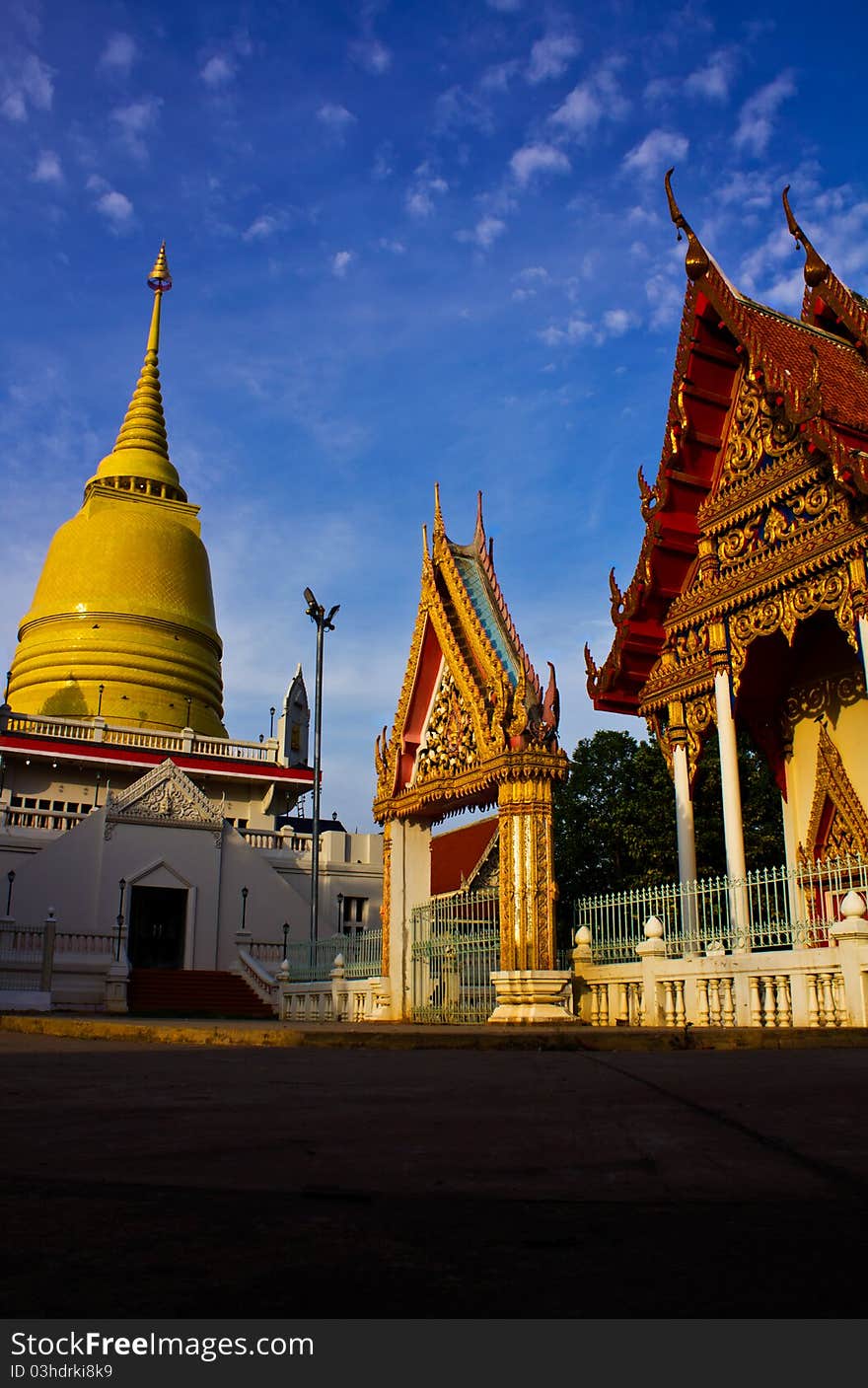 Buddhist pagodas and churches in a temple in Thailand