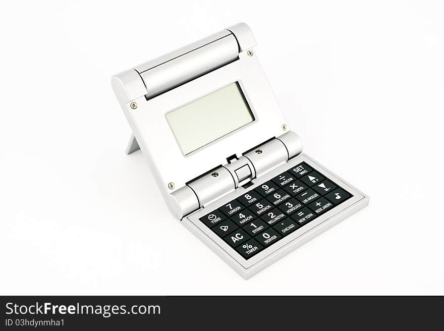 Calculator with world time and alarm clock isolated on white