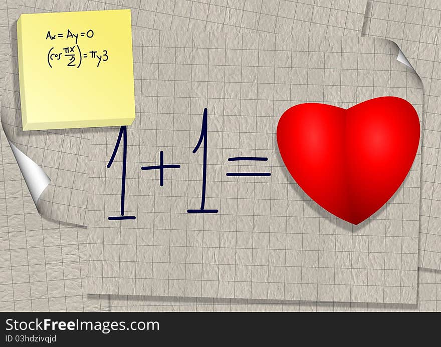 A simple mathematical calculation written on a piece of paper, as one plus one equal love. A simple mathematical calculation written on a piece of paper, as one plus one equal love