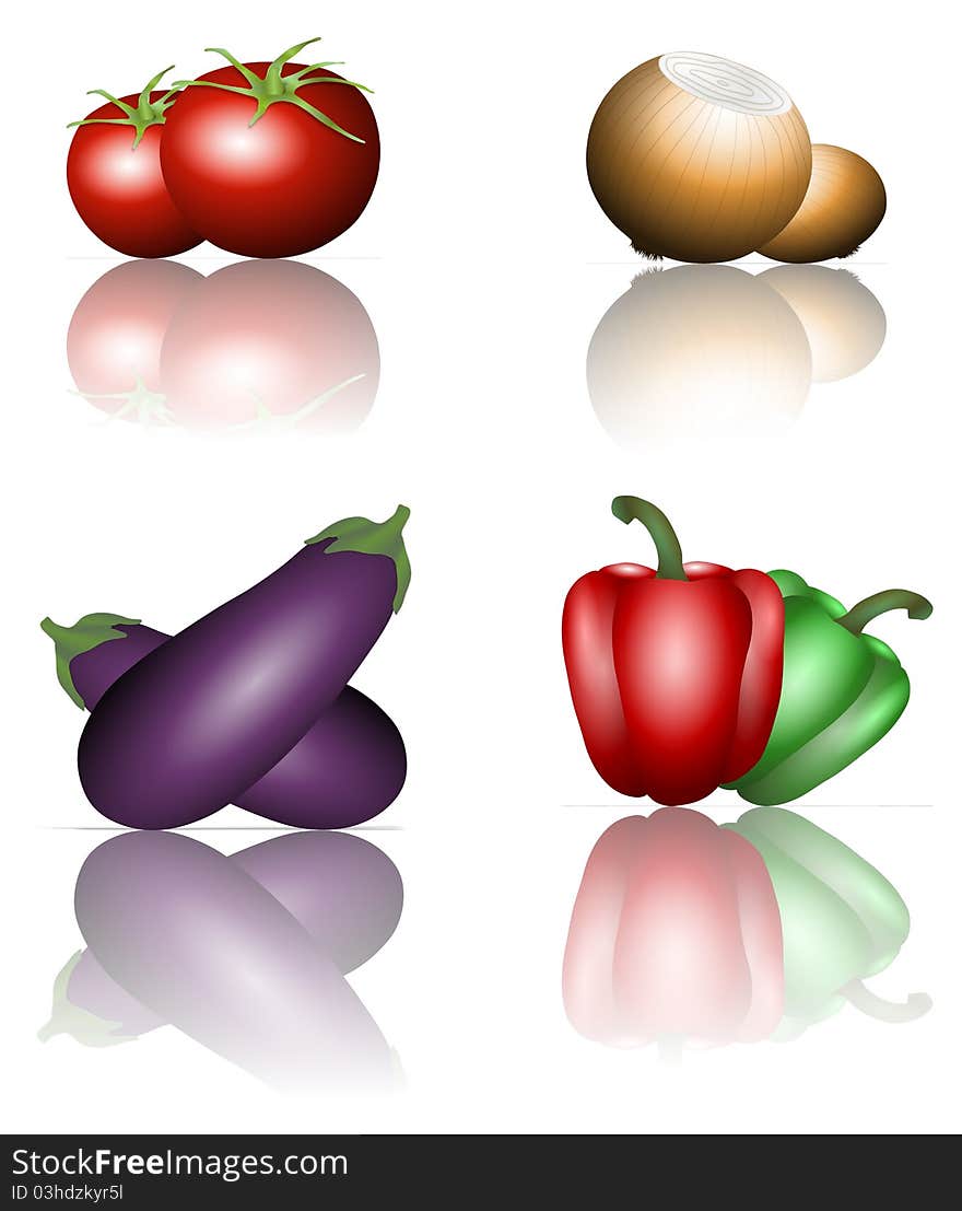 A collection of different kinds of vegetables with their reflection on a white background. A collection of different kinds of vegetables with their reflection on a white background