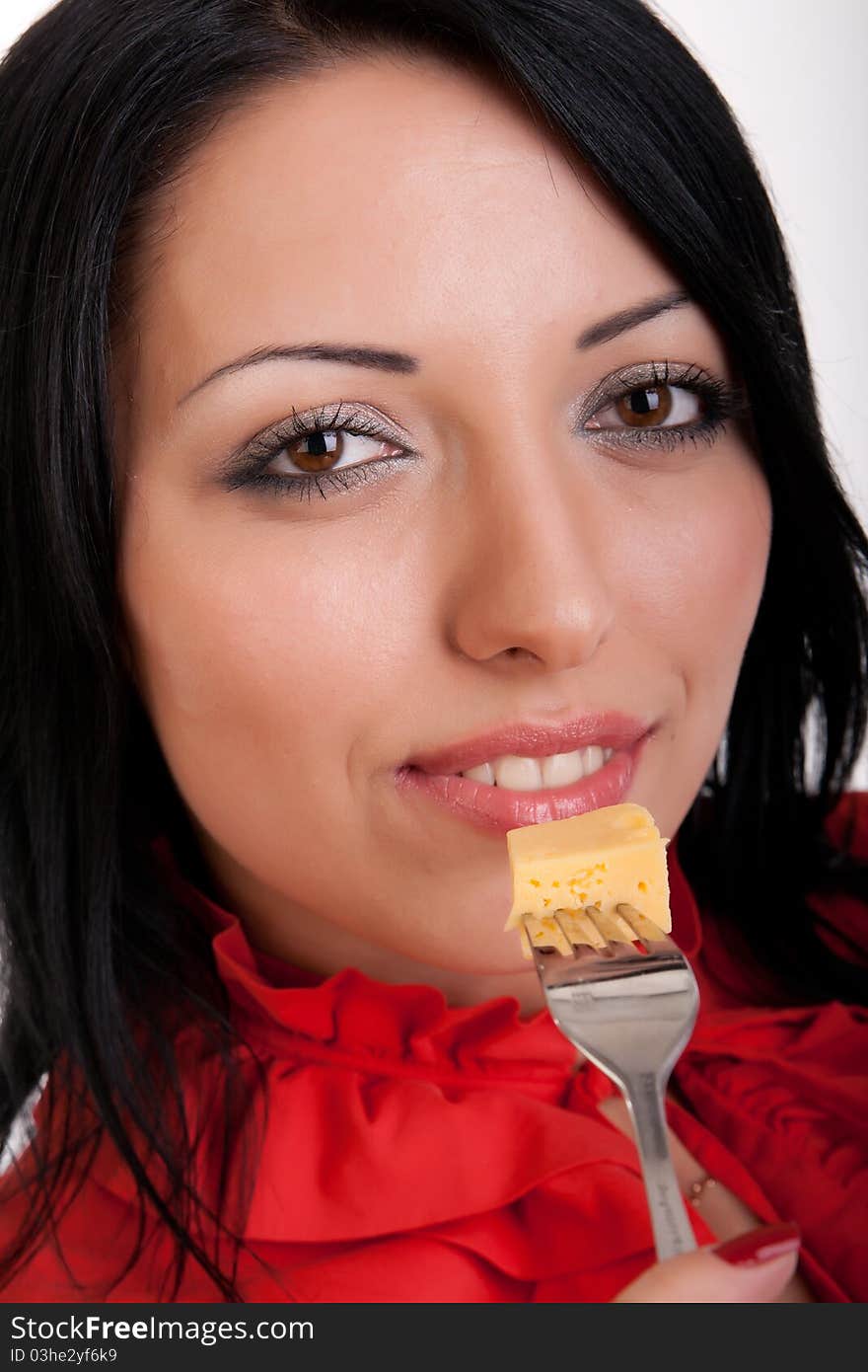 brunette in red, with a delicious slice