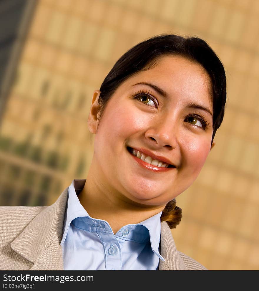 Smiling Business Woman Standing Outsite Her Company Headquarters