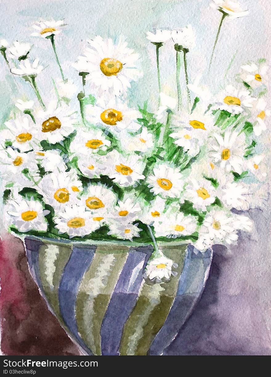 White daisy bunch watercolors in vase. White daisy bunch watercolors in vase