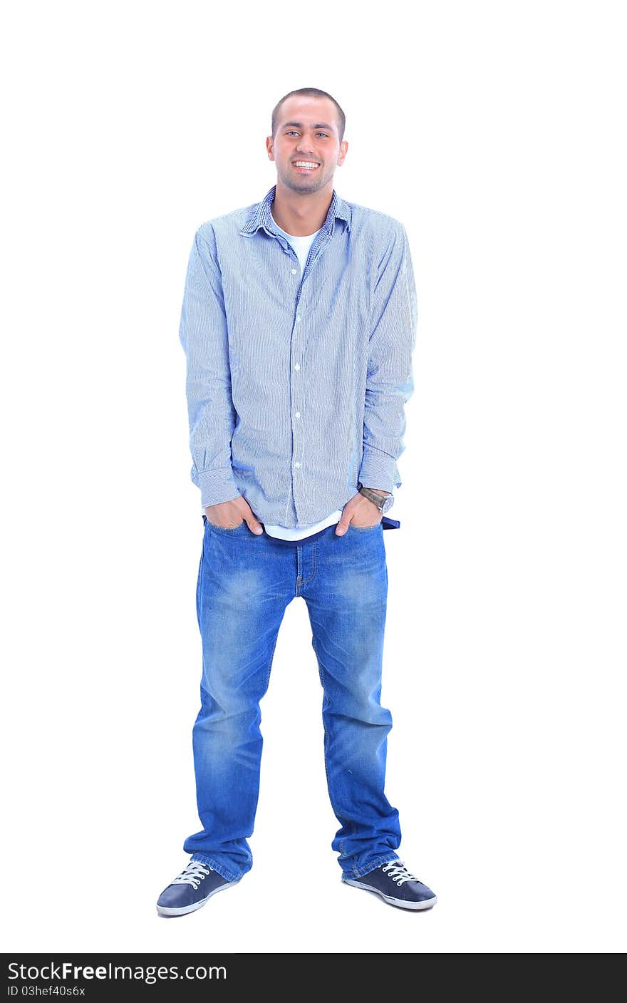 Portrait of happy young man, looking at camera, smiling. Isolated on white.