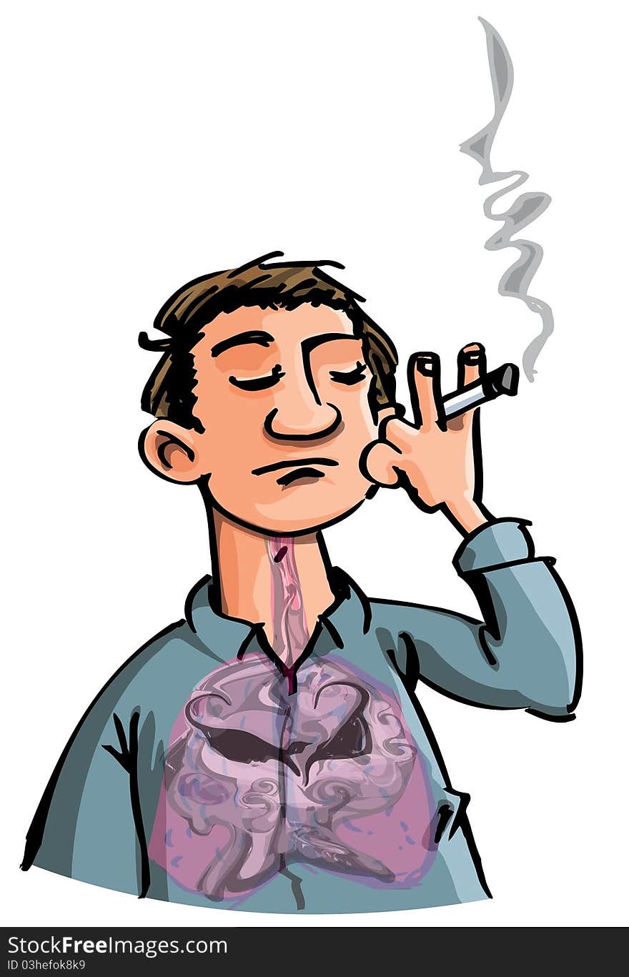 Cartoon of evil smoke filling a smokes lungs