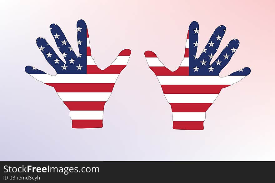 The American flags on hands. The American flags on hands