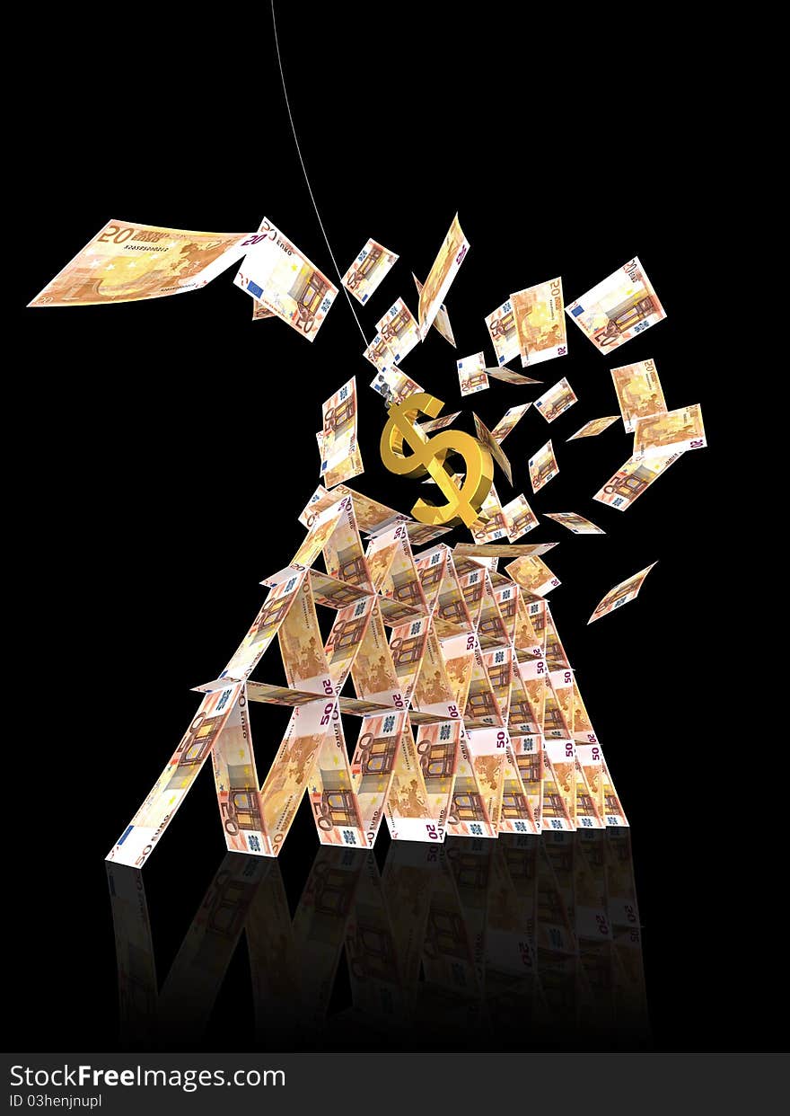 Euro tower from 50 euro notes collapse from glolden symbol dollar hanging. Euro tower from 50 euro notes collapse from glolden symbol dollar hanging