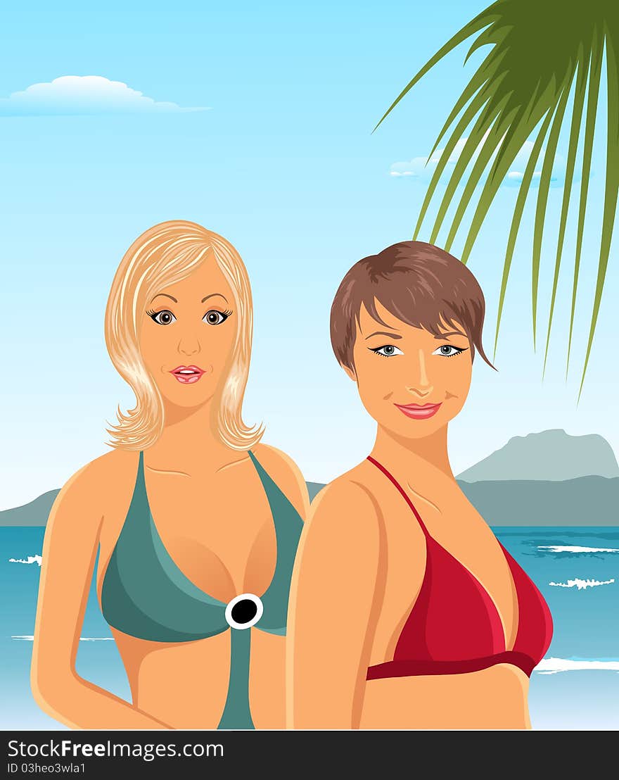 Illustration two girls on the beach - vector