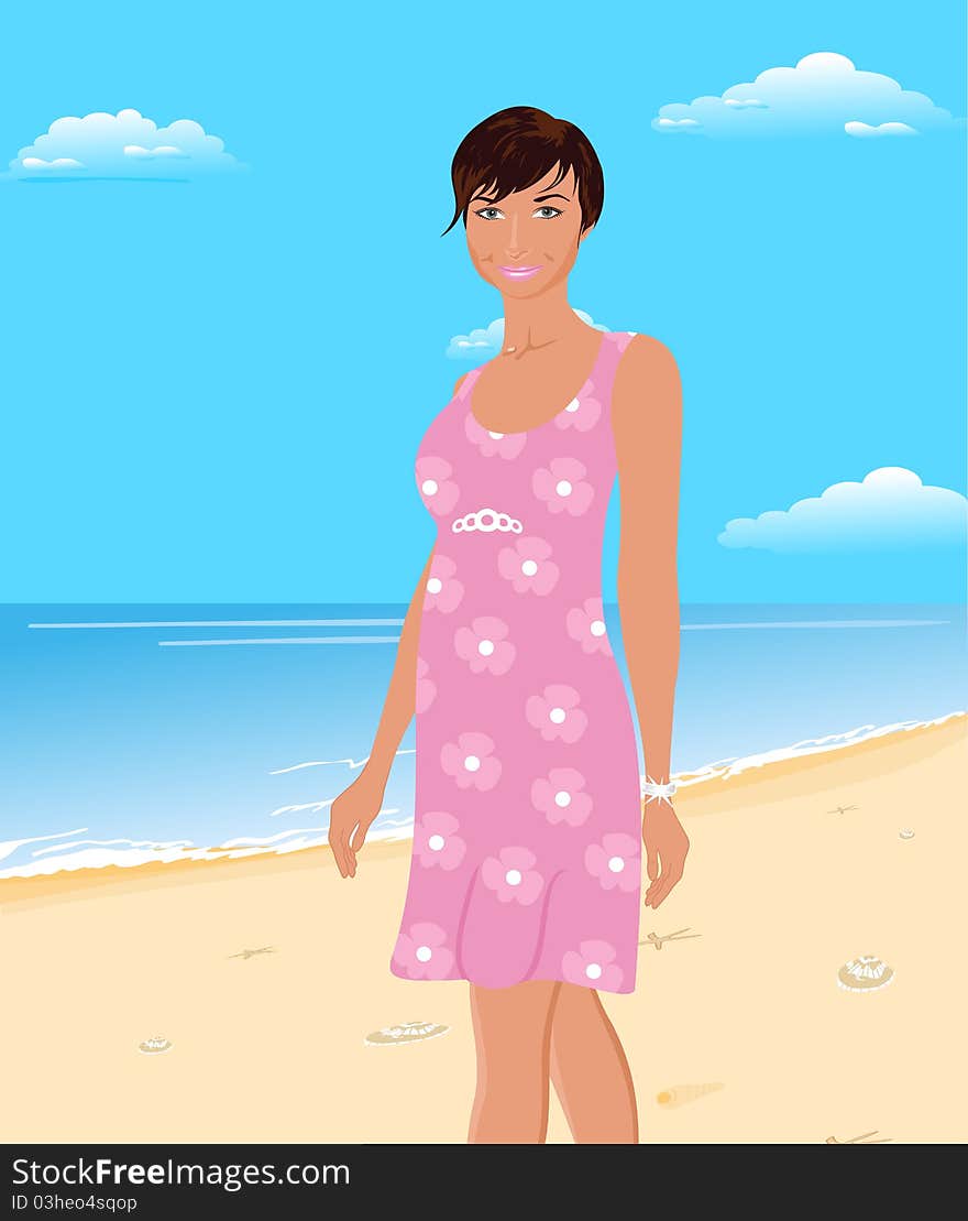 Illustration beautiful girl on beach - vector